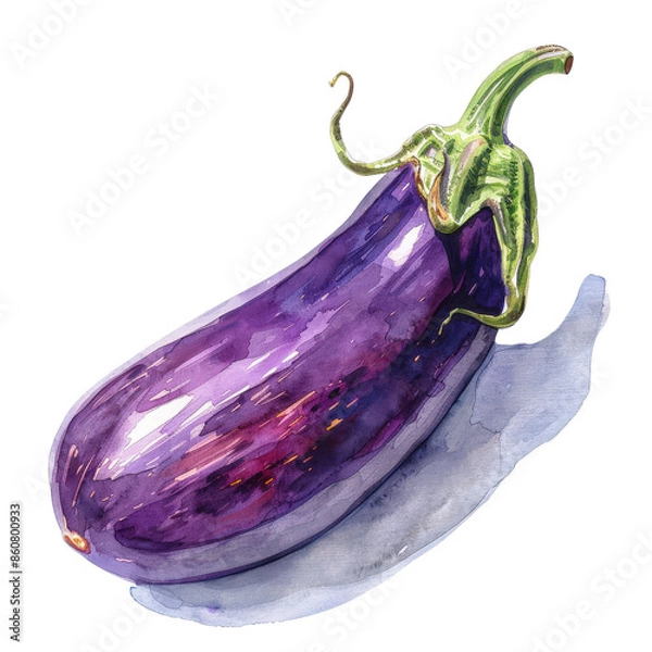 Fototapeta Watercolor illustration of a purple eggplant with a green stem on a white background, showcasing vibrant colors and detailed textures.