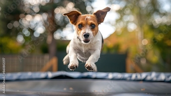Fototapeta dog is jumping on a trampoline ai generated