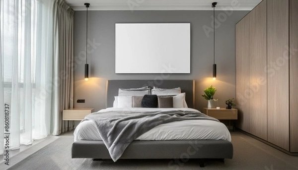 Obraz Modern bedroom with a blank mockup frame on a grey wall, sleek furniture, and sophisticated lighting