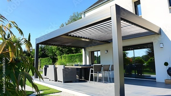 Obraz sleek, modern pergola with adjustable louvers, perfect for controlling sunlight and shade in a minimalist garden setting