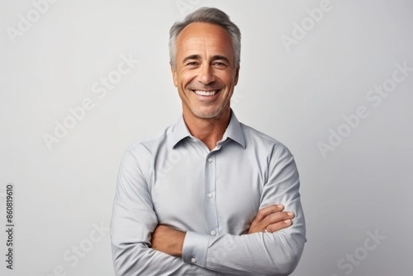 Fototapeta Handsome mature man looking at camera and smiling while standing against grey background
