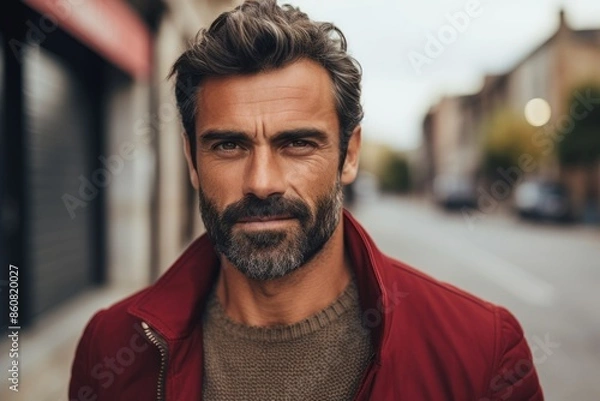 Fototapeta Portrait of a handsome mature man with beard and mustache wearing a red jacket and looking at the camera in a city street.