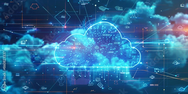 Fototapeta A cloud with data flowing through it symbolizes technology and informatio