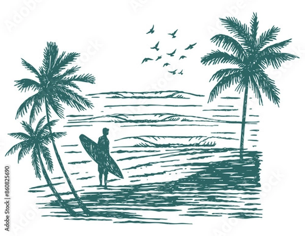 Obraz Hand drawn sketch style illustration of coastal landscape with surfer holding a surfboard.