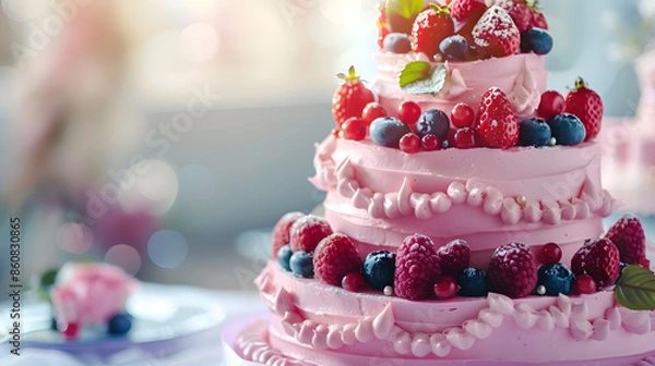 Fototapeta Threetiered pink wedding cake decorated with fruits on a white wooden table Wedding cake Beautiful wedding cake close up of cake and blur background selective focus : Generative AI