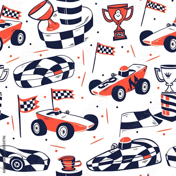 Fototapeta Cute Seamless Pattern with Race Car and Checkered Flag
