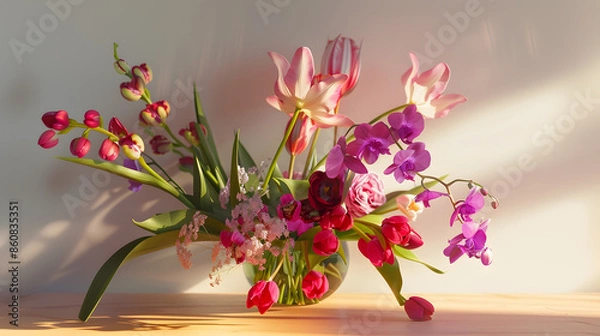Fototapeta Boquet of orchid flowers and tulips on arranged table : Generative AI