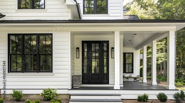 Obraz bold black door on a modern farmhouse with white siding and black windows, surrounded by a wrap-around porch