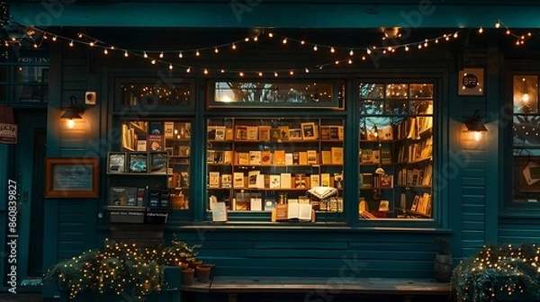 Obraz cozy bookstore with a dark teal exterior, twinkling string lights, and a quaint reading nook visible through the bay window