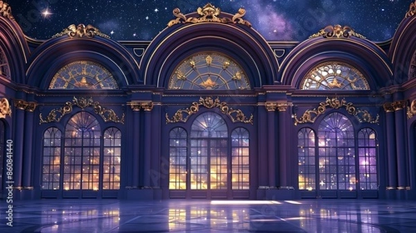 Obraz grand ballroom with a dark violet exterior, large arched windows, and ornate gold detailing, hosting a gala event under the stars