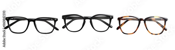 Fototapeta Eyeglasses in Black, Tortoiseshell, and Clear Frames. Isolated on a Transparent Background. Cutout PNG.