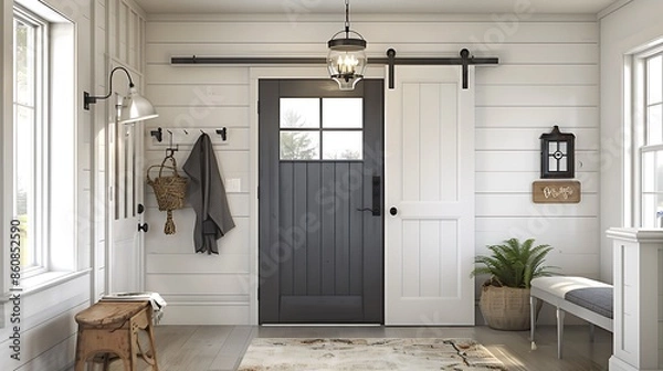 Obraz modern farmhouse entryway with a charcoal gray door, accented by white trim and rustic barn lighting