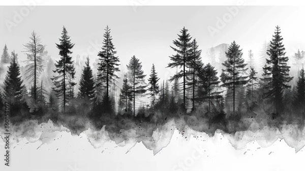 Fototapeta Silhouettes of Pine Trees in a Foggy Forest