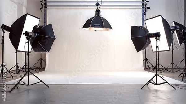 Obraz sleek off-white photography studio focusing on portrait and fashion photography, equipped with high-end lighting and backdrops in a professional setting