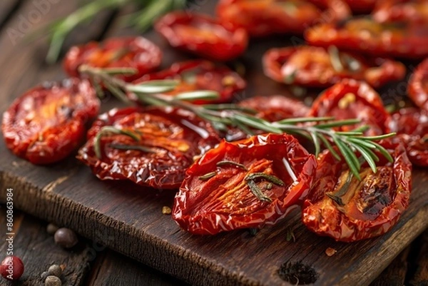 Obraz Sun-dried tomatoes with rosemary and peppercorns on wooden board