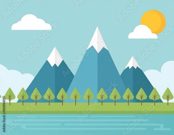 Obraz Minimalist mountain scene with trees, flat design.