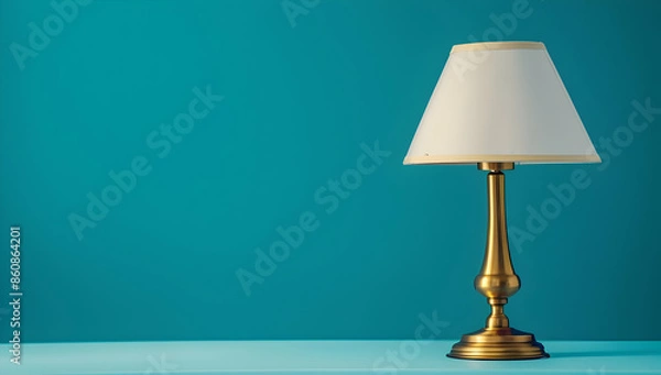 Fototapeta A classic brass table lamp with a white shade against a vibrant teal blue wall.