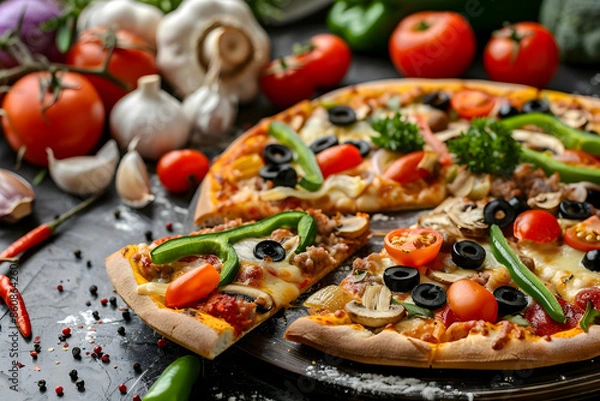 Fototapeta A delicious pizza with various toppings, including tomatoes, olives, mushrooms, and peppers, on a rustic wooden table.