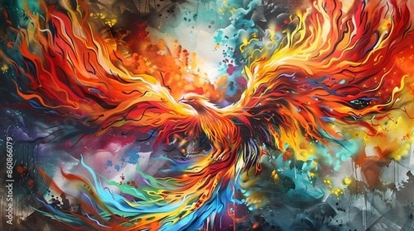 Fototapeta Colorful graffiti image of a phoenix rising from ashes with vibrant flames