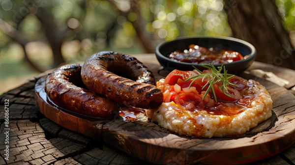 Fototapeta South African breakfast with pap, boerewors, tomato-onion sauce, rustic picnic, soft morning light.