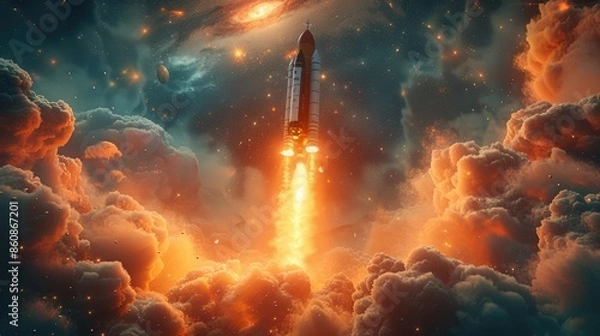 Fototapeta Astronomical Success: 3D Rocket Ship Reaching a Star in the Galaxy of Achievement, Generative Ai