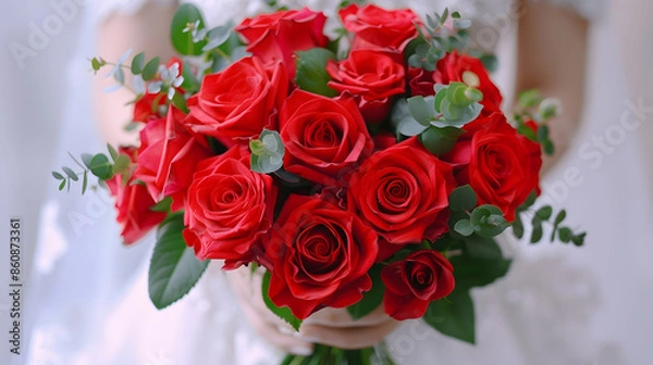 Fototapeta bride holding beautiful red roses wedding flowers bouquet selective focus : Generative AI