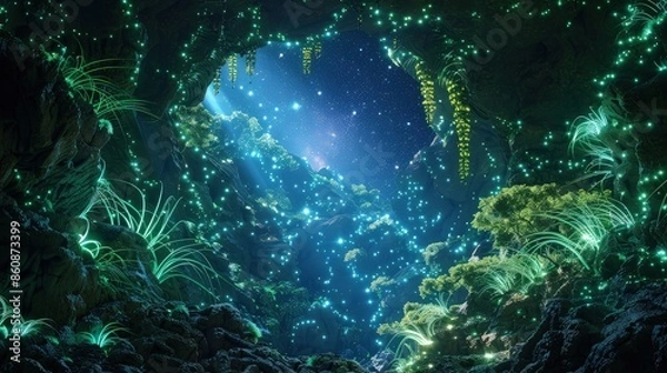 Fototapeta A deep cavern illuminated by bioluminescent plants and crystals, with a clear, starlit sky visible through an opening at the top.