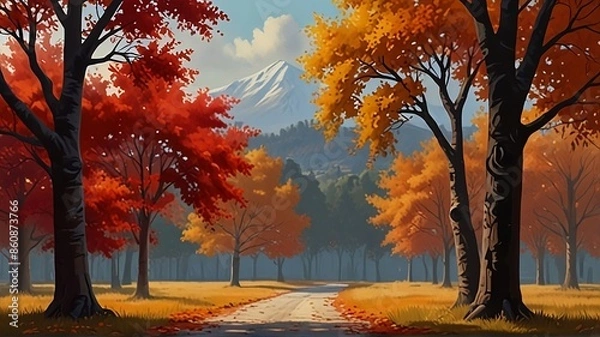 Fototapeta autumn trees in the park, Design backdrops showcasing the vibrant and varied colors of autumn foliage	