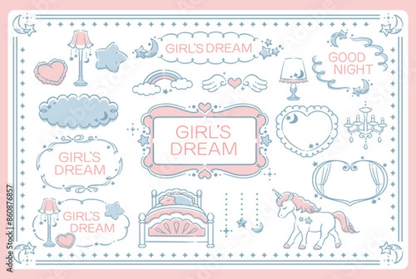 Obraz ゆめかわ、ガーリーなパステルトーンのイラスト素材。フレームやコーナーも。ベクターイラスト素材。