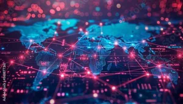 Obraz A vibrant digital map of the world showcasing interconnected lines representing global networks. The map highlights connectivity across continents, conveying a sense of modern technology