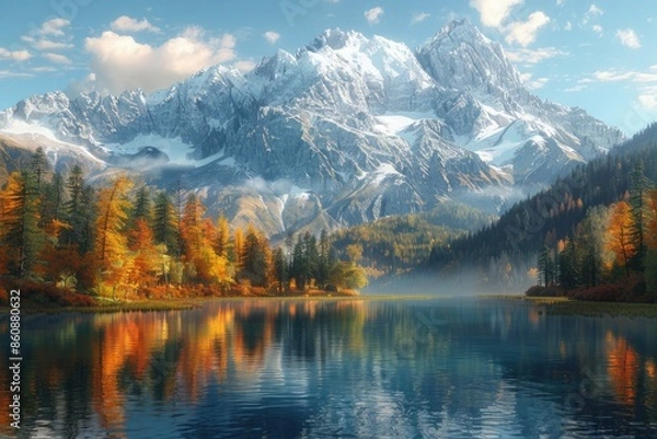 Fototapeta Snowy mountains, forests, and lakes, with reflections on the water surface