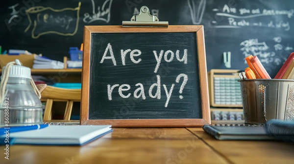 Obraz Chalkboard with question "Are you ready?" and notebooks on table. Preparing for exam