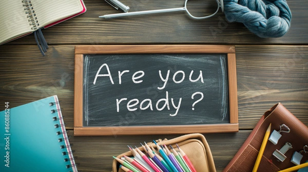 Obraz Chalkboard with question "Are you ready?" and notebooks on table. Preparing for exam