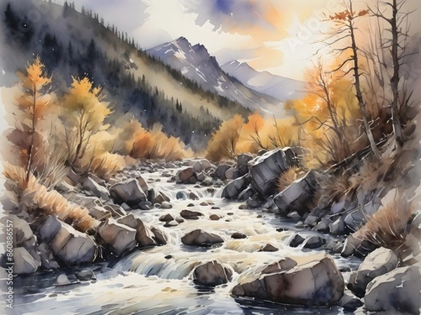 Fototapeta Painting of the Sun breaking through the clouds over a fast-flowing mountain stream, with crows in the air