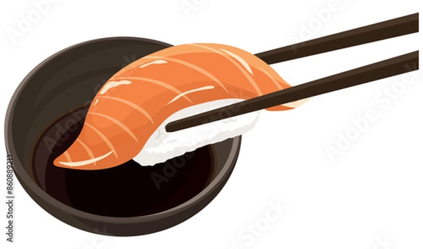 Fototapeta サーモンの寿司を醤油につける