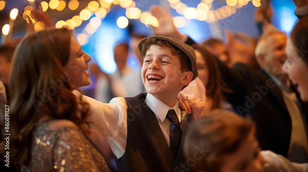 Obraz A joyous family celebration during a Bar or Bat Mitzvah, with traditional music and dance, capturing the essence of coming of age in the Jewish faith, Jewish, celebration, hd, joyo