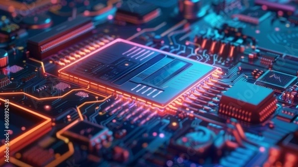 Fototapeta A close-up view of a futuristic circuit board with vibrant, glowing elements, showcasing advanced technology and intricate electronics.