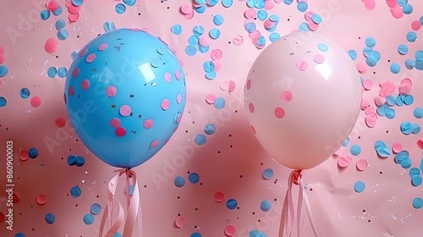 Fototapeta Pastel Celebration Balloons with Confetti, Ribbons, and Copy Space for Custom Text - Perfect for Anniversaries, Birthdays, and Special Occasions