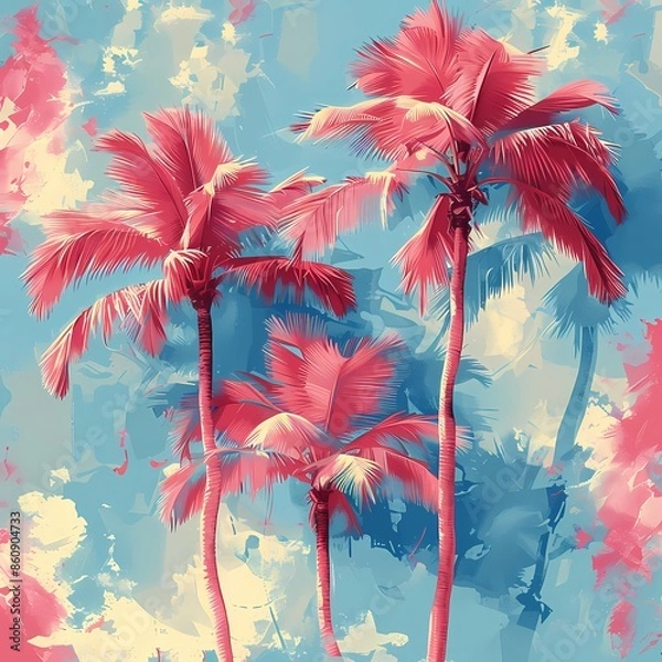 Fototapeta pola mulus pohon palem berwarna merah muda dan teal By Generated AI