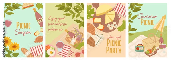 Obraz Set of Summer picnic posters for background, invitation and cards with outdoor nature and foods. vector illustration
