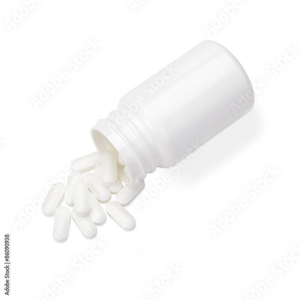Fototapeta 白い薬/白い容器からこぼれる錠剤