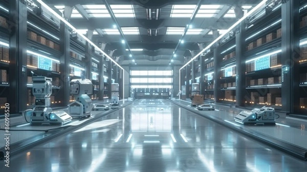 Obraz Futuristic Automated Warehouse with Robots, Generative AI