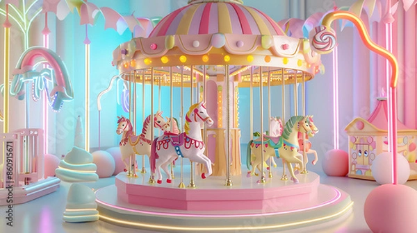 Fototapeta 3d illustration A carousel with candy animals and colorful light