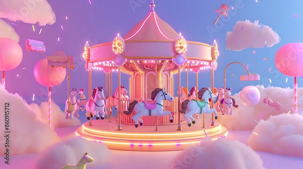Fototapeta 3d illustration A carousel with candy animals and colorful light