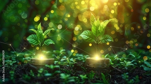 Obraz Sustainable Growth: The Power of Green Investments, Eco Energy, and Renewable Energy Icons on a Rising Graph