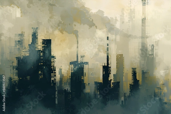 Fototapeta Industrial Skyline with Dense Smoke and Pollution