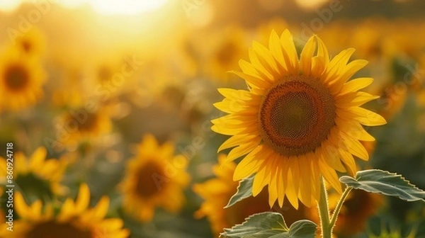 Fototapeta Sunflower field at sunrise, flowers in full bloom facing the camera, bathed in the soft morning light, creating a serene and peaceful image