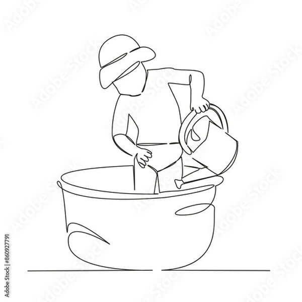 Fototapeta One continuous line drawing on a white isolated background. Linear illustration of minimalism. the child bathes in a basin. the child waters with a watering can. fun game with water.