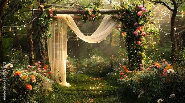 Fototapeta A beautifully decorated garden archway with flowing drapes and vibrant flowers, set against a lush, green backdrop for a magical outdoor celebration