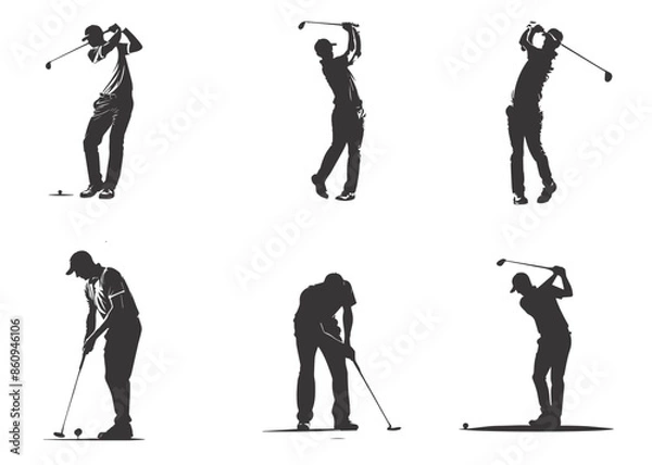 Obraz people playing golf in various poses isolated vector silhouette on white background